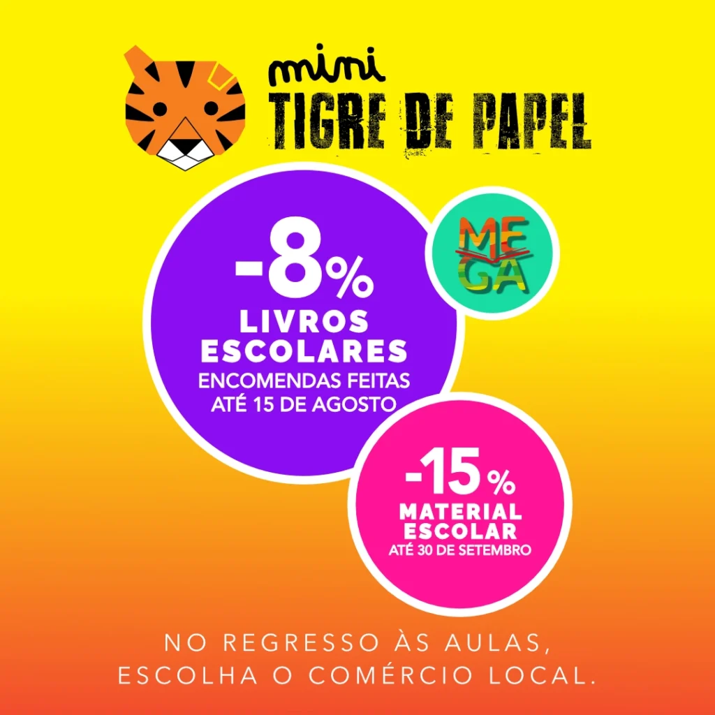 Mini Tigre de Papel, 8% de desconto nos manuais escolares até 15 de agosto.